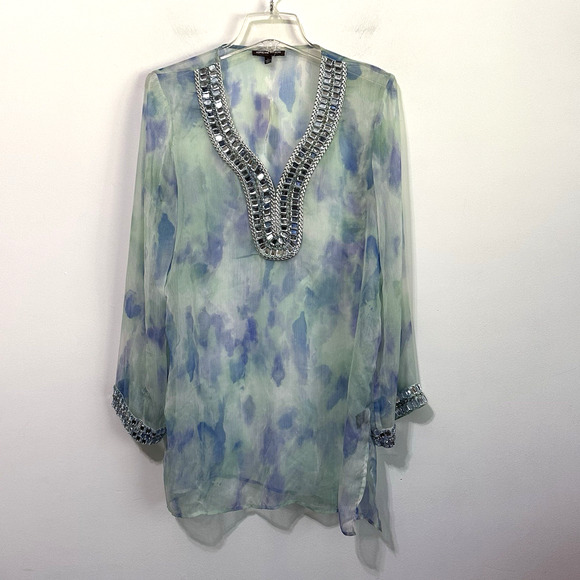 Adrienne Vittadini Sheer Tunic Top L Embellished Watercolor Swim Cover? NEW - Picture 1 of 10
